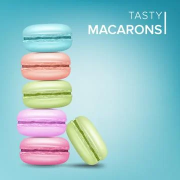 Colourful Macarons Vector. Tasty Sweet French Macaroons On Blue Background Ilustração Stock