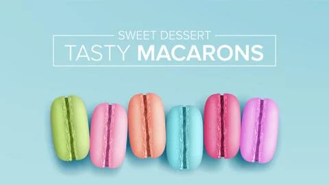 Colourful Macarons Vector. Top View. Tasty Sweet French Macaroons On Blue イラスト素材