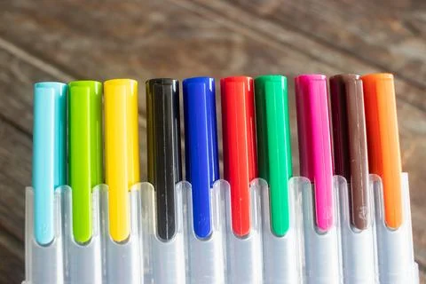 Colourful magic pens in the box. Stock Photos