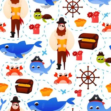 Colourful map pattern for kids, treasure hunting with pirate character and un Illustrazione stock