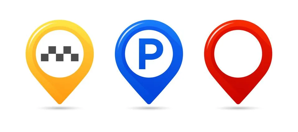 Colourful map pointers. Map pointer, map parking pointer, map taxi pointer. Stock Illustration