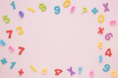 Colourful math numbers letters frame with copy space top view Stock Photos