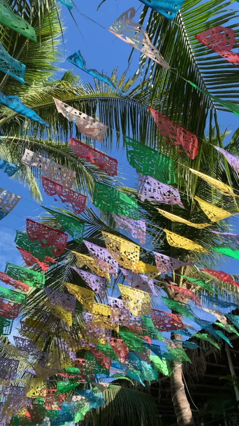 Colourful Mexican Prayer Flags and Palm Trees in Sayulita Mexico Stock Footage 170449992