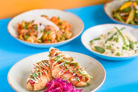Colourful modern food dishes x 4 Stock Photos