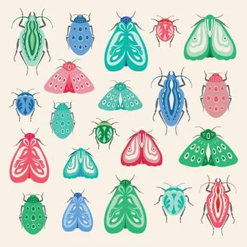 Colourful moths and beetles vector clip art set illustration. Stock Illustration