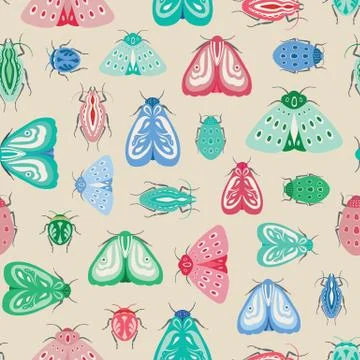 Colourful moths and beetles vector seamless repeat pattern. Stock Illustration