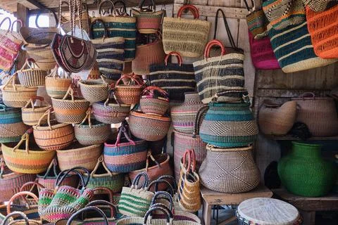 Colourful multicolour multi-pattern hanging woven baskets and handbags, Accra Stock Photos