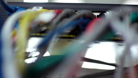 Colourful Network Cables on a Switch, Server Rack Patch Panel, Close Up Shot Stock Footage 341443845