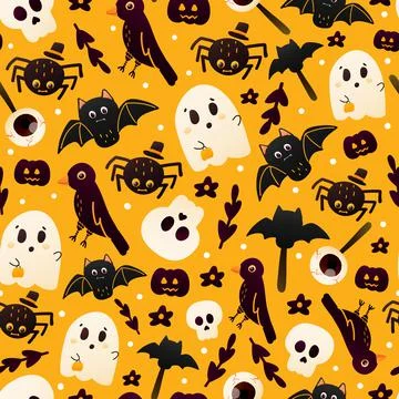 Colourful orange halloween seamless pattern for wrapping paper or textile wit Stock Illustration