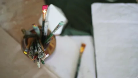 Colourful paintbrush closeup. Creative studio Stock Footage 156210036