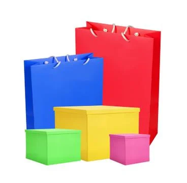 Colourful paper shopping bags and box isolated on white Foto stock