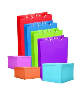 Colourful paper shopping bags and box isolated on white Fotos Stock