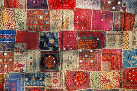 Colourful patchwork carpet with small mirrors, rajasthan, india, asia Stock-Fotos