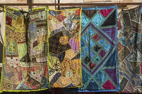 Colourful patchwork tablecloths on sale, Old City of Jerusalem, Israel, Asia 写真素材