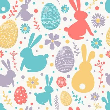 Colourful pattern with decorative eggs, bunnies and flowers. Easter backgroun Illustrazione stock