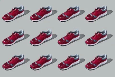 Colourful pattern of sneakers on grey background. View from top. 스톡 사진