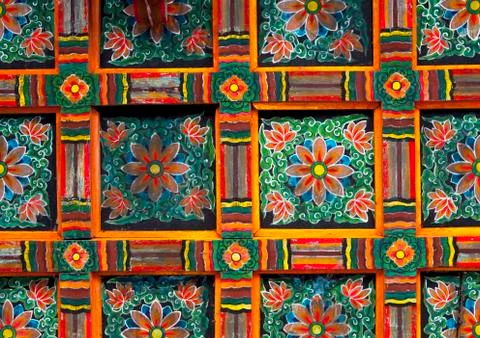 Colourful patterned ceiling of the former home of king Ri Song Gye, South Ham Stock Photos