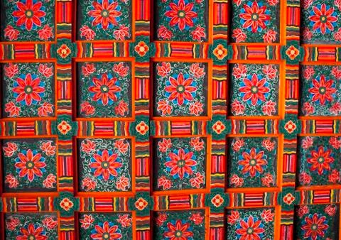Colourful patterned ceiling of the former home of king Ri Song Gye, South Ham Stock Photos