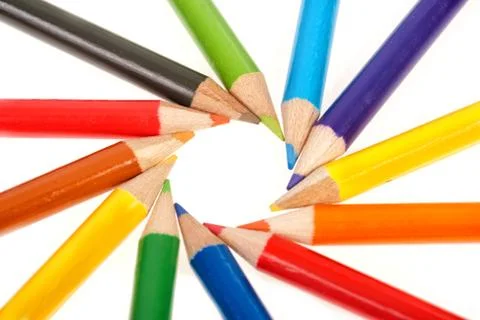 Colourful pencils ordered in circle Stock Photos