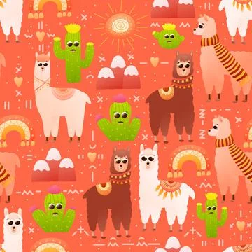 Colourful peru seamless pattern with alpaca and cactus, childish cute llama with Stock Illustration