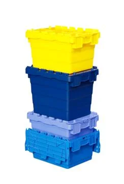 Colourful plastic boxes containers isolated on a white background. storage co Stock-Fotos