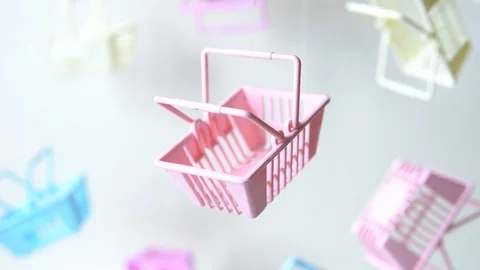 Colourful plastic shopping basket levitating on white background Stock Footage 124755817