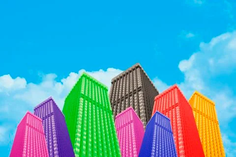 Colourful Psychedelic Buildings Withe Clear Blue Sky Background Stock Illustration