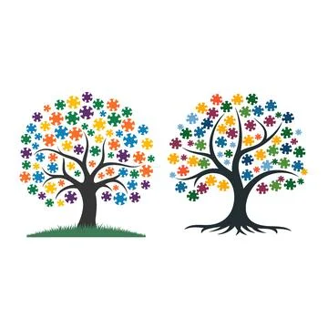Colourful Puzzle Piece Tree Illustrations on White Background Stock Illustration