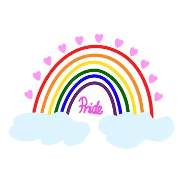 Colourful rainbow with clouds and small hearts. Hand lettering pink. Concept Illustrazione stock