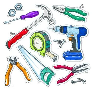 Colourful set of carpentry tools, hammer, drill and saw Stock Illustration