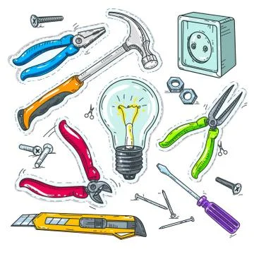 Colourful set of carpentry tools, light bulb, socket and hammer Stock Illustration