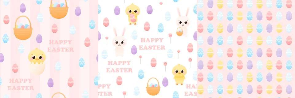 Colourful set of easter pattern with cute bunny and chick holding basket with Stock Illustration