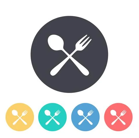 Colourful set logo of a cafe or restaurant. A spoon and fork on a plate. A Stock Illustration