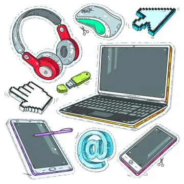 Colourful sticker computer, Internet pointers, headphones and laptop Stock Illustration
