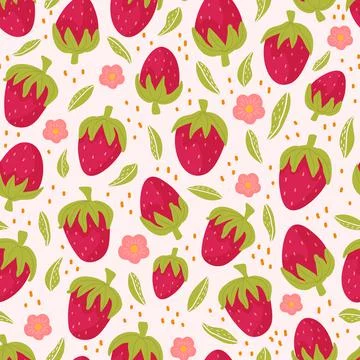 Colourful strawberry seamless pattern on white background with pink flowers and Stock Illustration