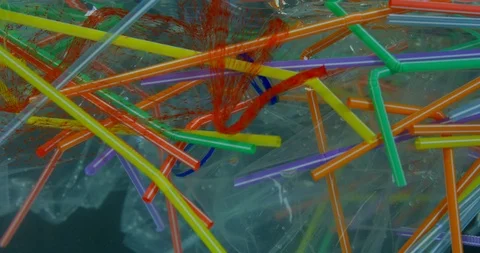 Colourful Straws And Plastic Bottles Floating On Water Polluting And Damaging Stock Footage 113365265