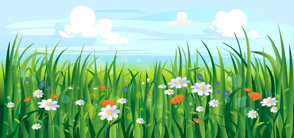 Colourful summer or spring landscape with flowers Stock Illustration