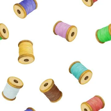 Colourful thread spools on a white background, seamless pattern Illustrazione stock