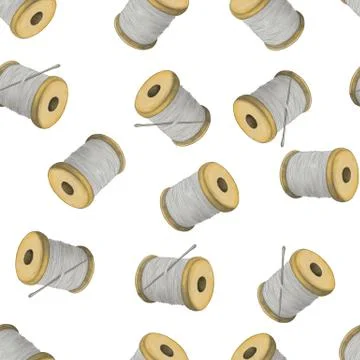 Colourful thread spools on a white background, seamless pattern Stock Illustration