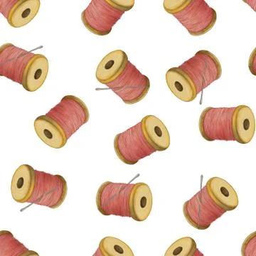 Colourful thread spools on a white background, seamless pattern Stock Illustration