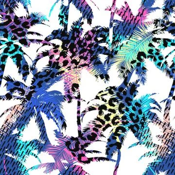 Colourful trendy seamless exotic pattern with palm, animal prints and hand .. Stock Illustration
