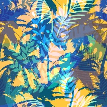 Colourful trendy seamless exotic pattern with palm and tropical plants. Moder Illustrazione stock