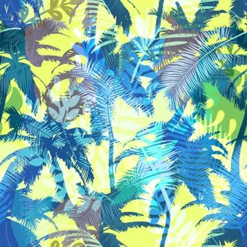 Colourful trendy seamless exotic pattern with palm and tropical plants. Moder 스톡 일러스트