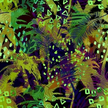 Colourful trendy seamless exotic pattern with palm, tropical plants and hand  Stock Illustration