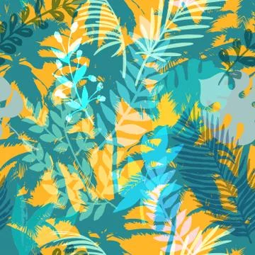 Colourful trendy seamless exotic pattern with palm and tropical plants. Moder 스톡 일러스트