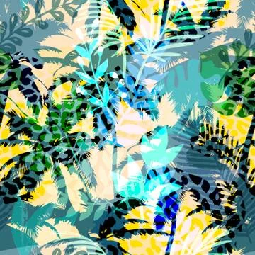 Colourful trendy seamless exotic pattern with palm and animal prints. Modern  Illustrazione stock