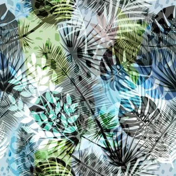 Colourful trendy seamless exotic pattern with tropical plants. Modern abstract Illustrazione stock