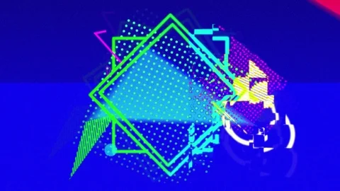Colourful triangles and abstract graphic shapes cluster on purple background Video stock 112909494