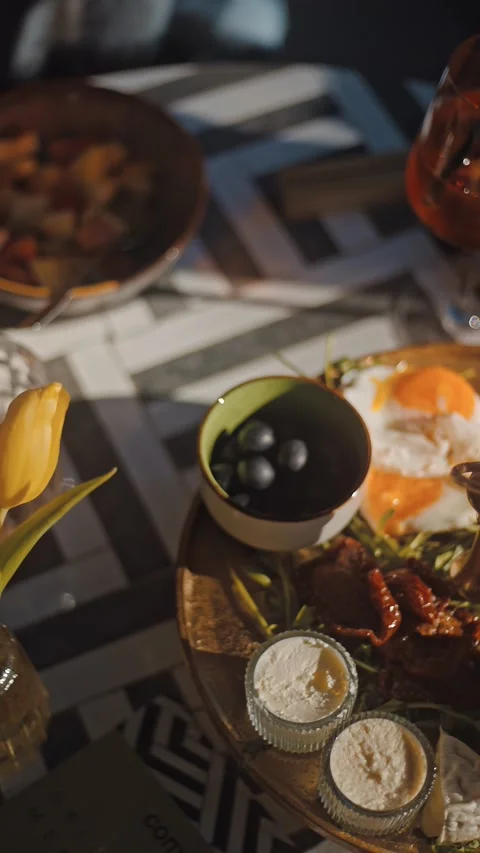 Colourful Tropical Drinks on Brunch Table in Morning Light Stock Footage 334603128