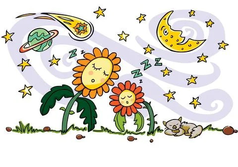 Colourful vector drawing. Cute sleeping sun flowers, cat, crescent moon, plan Stock Illustration